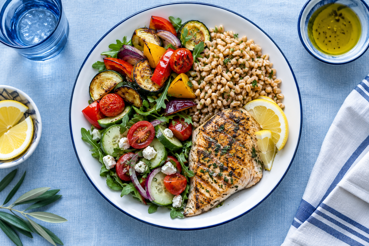 Balanced Mediterranean plate with vegetables, whole grains and protein