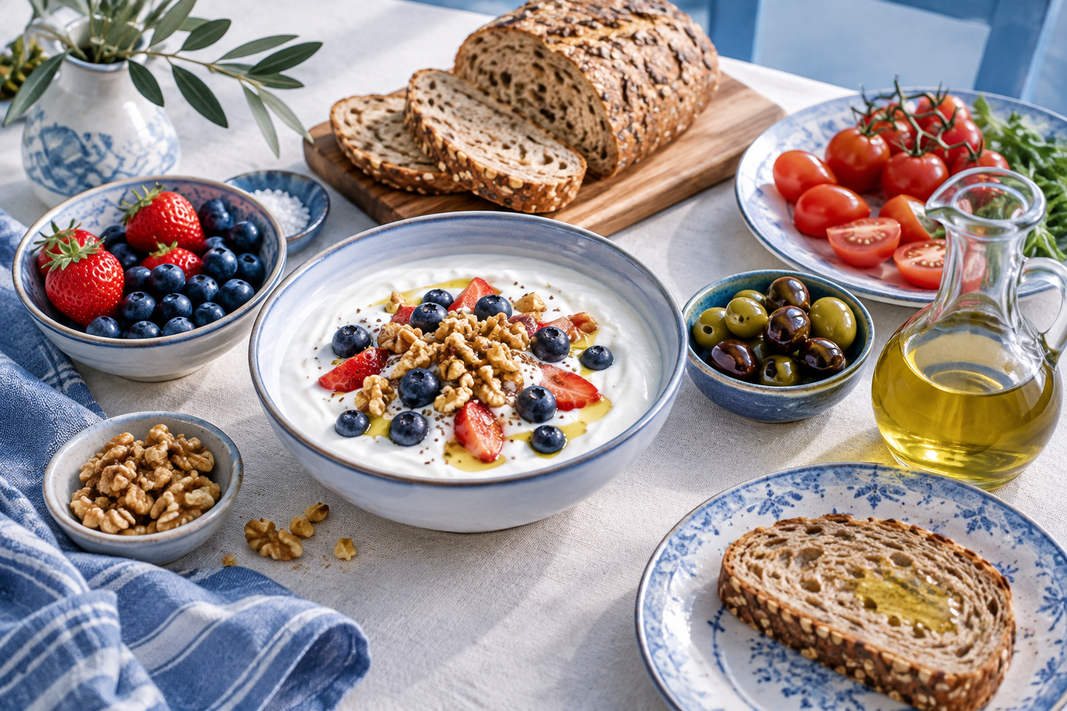 Mediterranean breakfast with yogurt, berries, walnuts, whole-grain bread, tomatoes and olive oil