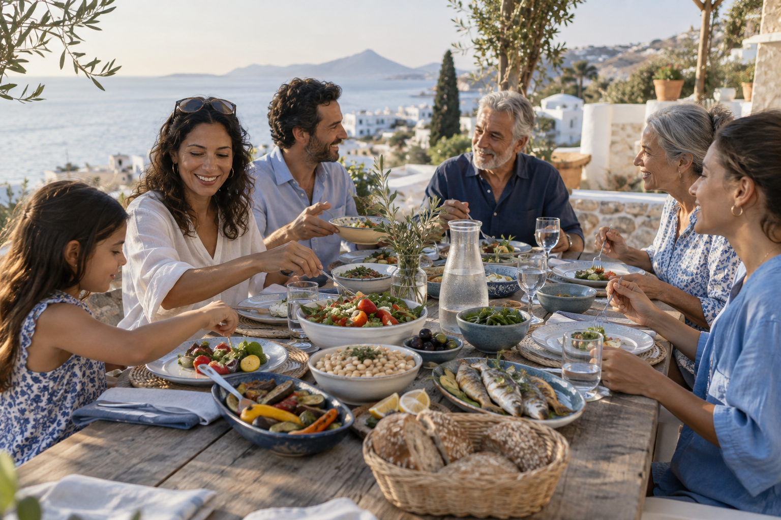 Family sharing a Mediterranean meal outdoors