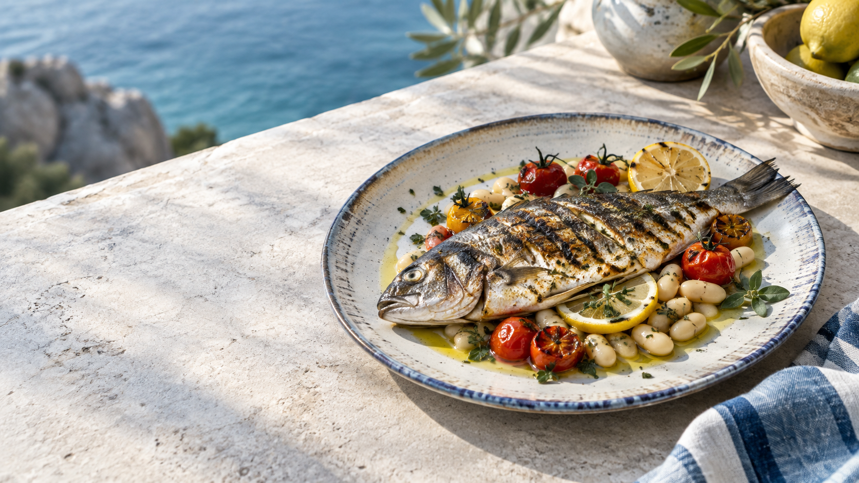 Grilled fish with tomatoes, beans, lemon and olive oil