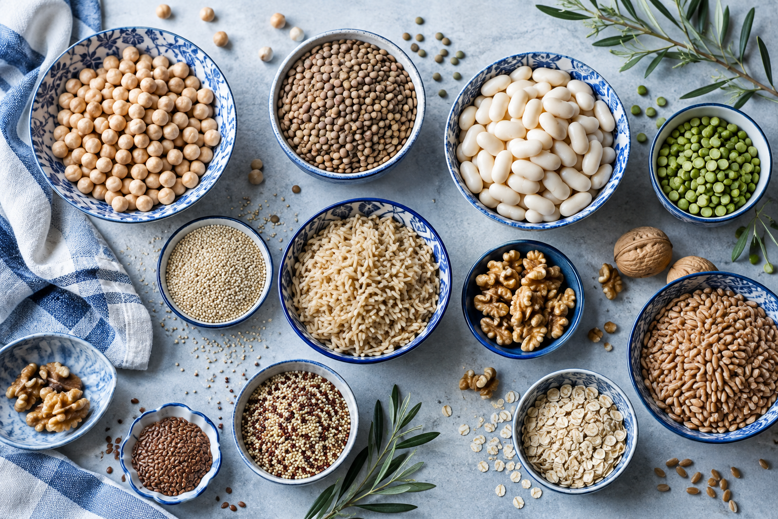 Legumes, whole grains, nuts and seeds in blue and white bowls