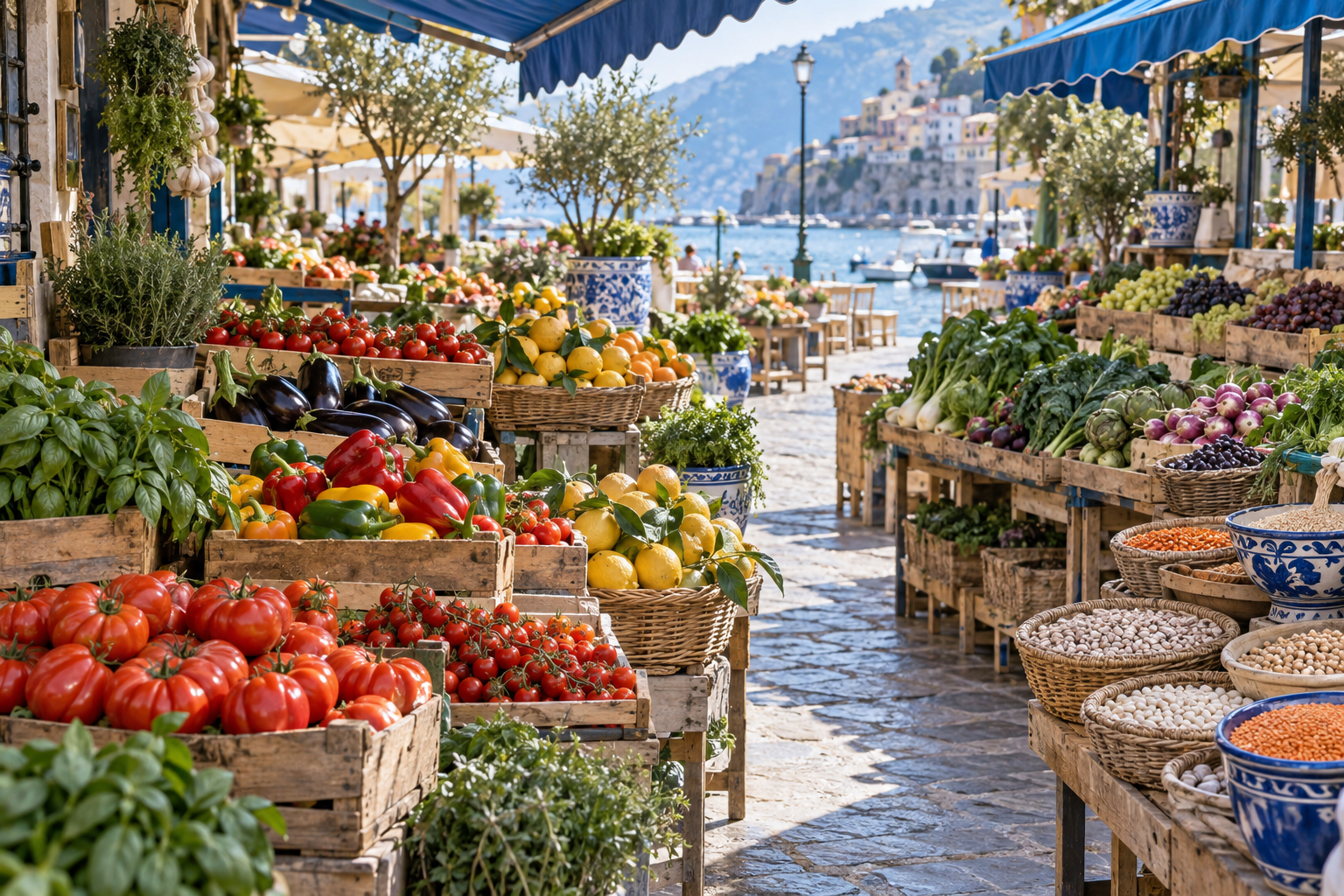 Fresh Mediterranean produce and staple foods at a coastal market