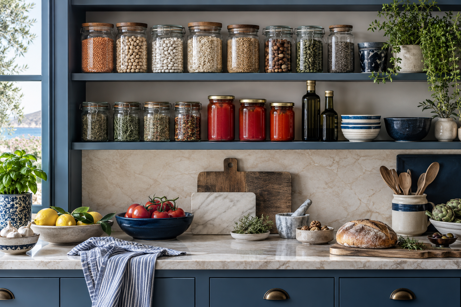 Organized Mediterranean pantry with legumes, whole grains, nuts, herbs and olive oil