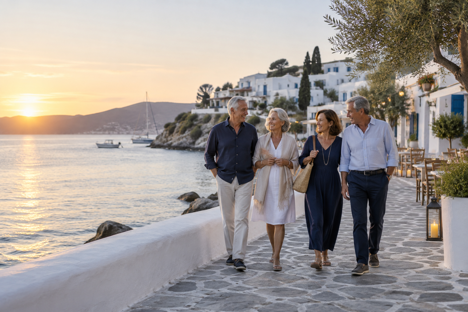 Friends walking together on a Mediterranean waterfront